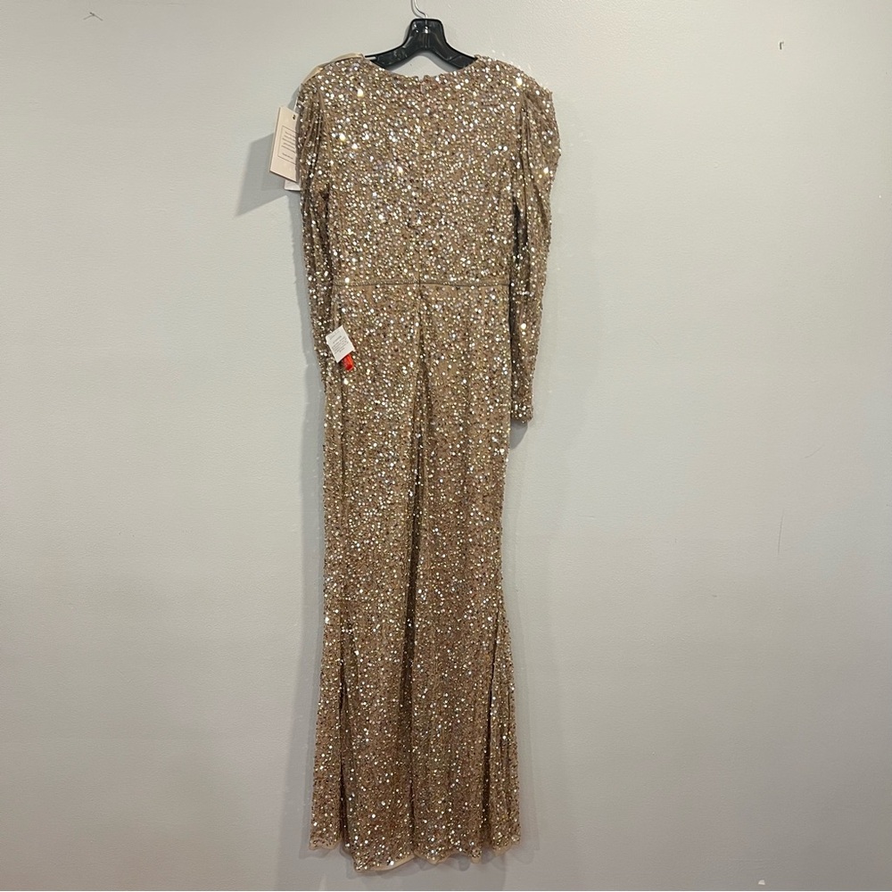 Mac Duggal Shimmering Gold Sequined Puff Shoulder Surplice Evening Gown -Reemoly - Picture 11 of 16